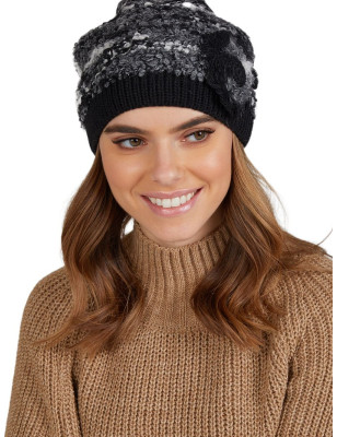 Black Women's Winter Hat - Crochet Flower Appliqué Cozy Bouclé