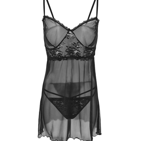 Lace Chemise Lingerie Set with Gemstone Bow