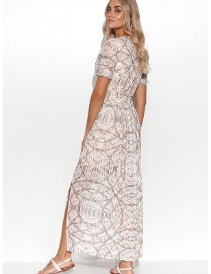 Ethereal Mesh Floral Dress with Envelope Neckline and Elastic Waistband