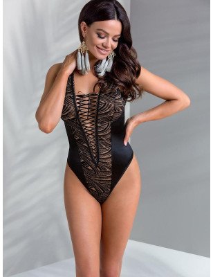 Stylish Black Lara Satin Lace Bodysuit with Tie Detail - Cut Out Back - Made in Poland